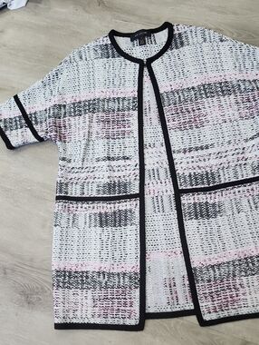 St. John Open-Front Knit Cardigan in White, Black & Pink Accent